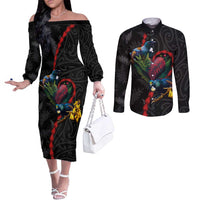 New Zealand Tui Birds Love Couple Couples Matching Off The Shoulder Long Sleeve Dress and Long Sleeve Button Shirt The Heart of Silver Fern Leaves and Maori Tattoo Pattern