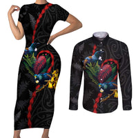 New Zealand Tui Birds Love Couple Couples Matching Short Sleeve Bodycon Dress and Long Sleeve Button Shirt The Heart of Silver Fern Leaves and Maori Tattoo Pattern