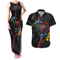 New Zealand Tui Birds Love Couple Couples Matching Tank Maxi Dress and Hawaiian Shirt The Heart of Silver Fern Leaves and Maori Tattoo Pattern