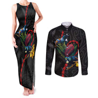 New Zealand Tui Birds Love Couple Couples Matching Tank Maxi Dress and Long Sleeve Button Shirt The Heart of Silver Fern Leaves and Maori Tattoo Pattern