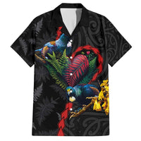 New Zealand Tui Birds Love Couple Family Matching Long Sleeve Bodycon Dress and Hawaiian Shirt The Heart of Silver Fern Leaves and Maori Tattoo Pattern