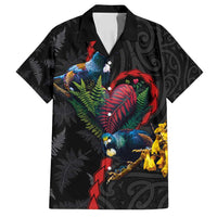 New Zealand Tui Birds Love Couple Family Matching Off Shoulder Maxi Dress and Hawaiian Shirt The Heart of Silver Fern Leaves and Maori Tattoo Pattern