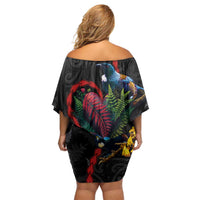 New Zealand Tui Birds Love Couple Family Matching Off Shoulder Short Dress and Hawaiian Shirt The Heart of Silver Fern Leaves and Maori Tattoo Pattern