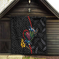 New Zealand Tui Birds Love Couple Quilt The Heart of Silver Fern Leaves and Maori Tattoo Pattern