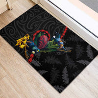 New Zealand Tui Birds Love Couple Rubber Doormat The Heart of Silver Fern Leaves and Maori Tattoo Pattern