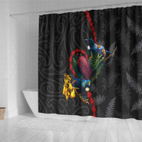 New Zealand Tui Birds Love Couple Shower Curtain The Heart of Silver Fern Leaves and Maori Tattoo Pattern