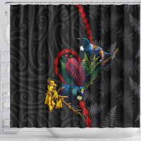 New Zealand Tui Birds Love Couple Shower Curtain The Heart of Silver Fern Leaves and Maori Tattoo Pattern