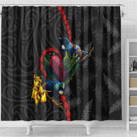 New Zealand Tui Birds Love Couple Shower Curtain The Heart of Silver Fern Leaves and Maori Tattoo Pattern