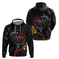 New Zealand Tui Birds Love Couple Zip Hoodie The Heart of Silver Fern Leaves and Maori Tattoo Pattern