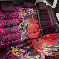 Pasifika Festival Back Car Seat Cover Plumeria Turtles with Hibiscus - Polynesian Art Tattoo Pink Color