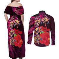 Pasifika Festival Couples Matching Off Shoulder Maxi Dress and Long Sleeve Button Shirt Plumeria Turtles with Hibiscus - Polynesian Art Tattoo Pink Color