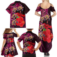 Pasifika Festival Family Matching Summer Maxi Dress and Hawaiian Shirt Plumeria Turtles with Hibiscus - Polynesian Art Tattoo Pink Color