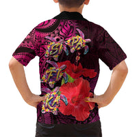 Pasifika Festival Kid Hawaiian Shirt Plumeria Turtles with Hibiscus - Polynesian Art Tattoo Pink Color