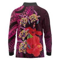 Pasifika Festival Long Sleeve Polo Shirt Plumeria Turtles with Hibiscus - Polynesian Art Tattoo Pink Color