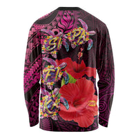 Pasifika Festival Long Sleeve Shirt Plumeria Turtles with Hibiscus - Polynesian Art Tattoo Pink Color