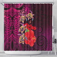 Pasifika Festival Shower Curtain Plumeria Turtles with Hibiscus - Polynesian Art Tattoo Pink Color