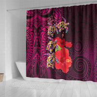 Pasifika Festival Shower Curtain Plumeria Turtles with Hibiscus - Polynesian Art Tattoo Pink Color