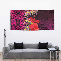 Pasifika Festival Tapestry Plumeria Turtles with Hibiscus - Polynesian Art Tattoo Pink Color