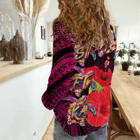 Pasifika Festival Women Casual Shirt Plumeria Turtles with Hibiscus - Polynesian Art Tattoo Pink Color