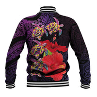 Pasifika Festival Baseball Jacket Plumeria Turtles with Hibiscus - Polynesian Art Tattoo Purple Color