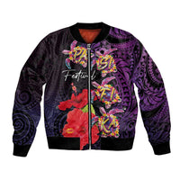 Pasifika Festival Bomber Jacket Plumeria Turtles with Hibiscus - Polynesian Art Tattoo Purple Color