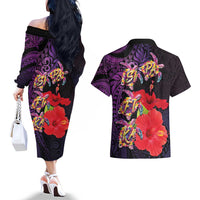 Pasifika Festival Couples Matching Off The Shoulder Long Sleeve Dress and Hawaiian Shirt Plumeria Turtles with Hibiscus - Polynesian Art Tattoo Purple Color