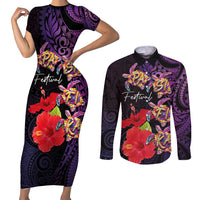 Pasifika Festival Couples Matching Short Sleeve Bodycon Dress and Long Sleeve Button Shirt Plumeria Turtles with Hibiscus - Polynesian Art Tattoo Purple Color