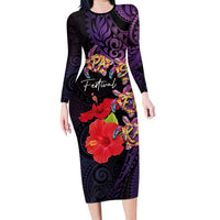 Pasifika Festival Family Matching Long Sleeve Bodycon Dress and Hawaiian Shirt Plumeria Turtles with Hibiscus - Polynesian Art Tattoo Purple Color