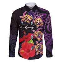 Pasifika Festival Family Matching Off The Shoulder Long Sleeve Dress and Hawaiian Shirt Plumeria Turtles with Hibiscus - Polynesian Art Tattoo Purple Color