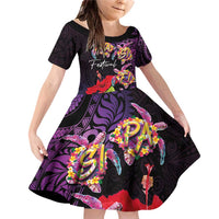 Pasifika Festival Family Matching Off Shoulder Short Dress and Hawaiian Shirt Plumeria Turtles with Hibiscus - Polynesian Art Tattoo Purple Color