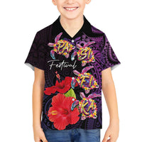 Pasifika Festival Family Matching Summer Maxi Dress and Hawaiian Shirt Plumeria Turtles with Hibiscus - Polynesian Art Tattoo Purple Color