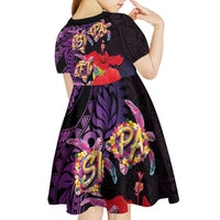 Pasifika Festival Kid Short Sleeve Dress Plumeria Turtles with Hibiscus - Polynesian Art Tattoo Purple Color