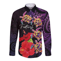 Pasifika Festival Long Sleeve Button Shirt Plumeria Turtles with Hibiscus - Polynesian Art Tattoo Purple Color