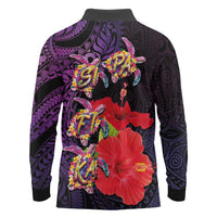 Pasifika Festival Long Sleeve Polo Shirt Plumeria Turtles with Hibiscus - Polynesian Art Tattoo Purple Color