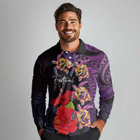 Pasifika Festival Long Sleeve Polo Shirt Plumeria Turtles with Hibiscus - Polynesian Art Tattoo Purple Color