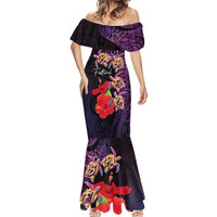 Pasifika Festival Mermaid Dress Plumeria Turtles with Hibiscus - Polynesian Art Tattoo Purple Color