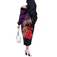 Pasifika Festival Off The Shoulder Long Sleeve Dress Plumeria Turtles with Hibiscus - Polynesian Art Tattoo Purple Color