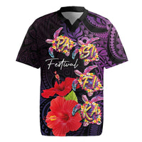 Pasifika Festival Rugby Jersey Plumeria Turtles with Hibiscus - Polynesian Art Tattoo Purple Color