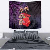 Pasifika Festival Tapestry Plumeria Turtles with Hibiscus - Polynesian Art Tattoo Purple Color