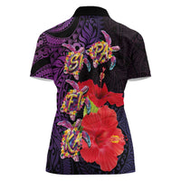 Pasifika Festival Women Polo Shirt Plumeria Turtles with Hibiscus - Polynesian Art Tattoo Purple Color