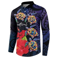 Pasifika Festival Button Sweatshirt Plumeria Turtles with Hibiscus - Polynesian Art Tattoo Dark Navy Color LT03 - Polynesian Pride