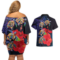 Pasifika Festival Couples Matching Off Shoulder Short Dress and Hawaiian Shirt Plumeria Turtles with Hibiscus - Polynesian Art Tattoo Dark Navy Color