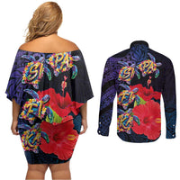 Pasifika Festival Couples Matching Off Shoulder Short Dress and Long Sleeve Button Shirt Plumeria Turtles with Hibiscus - Polynesian Art Tattoo Dark Navy Color