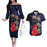 Pasifika Festival Couples Matching Off The Shoulder Long Sleeve Dress and Hawaiian Shirt Plumeria Turtles with Hibiscus - Polynesian Art Tattoo Dark Navy Color