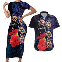 Pasifika Festival Couples Matching Short Sleeve Bodycon Dress and Hawaiian Shirt Plumeria Turtles with Hibiscus - Polynesian Art Tattoo Dark Navy Color