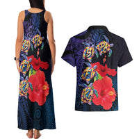 Pasifika Festival Couples Matching Tank Maxi Dress and Hawaiian Shirt Plumeria Turtles with Hibiscus - Polynesian Art Tattoo Dark Navy Color