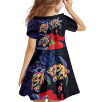Pasifika Festival Kid Short Sleeve Dress Plumeria Turtles with Hibiscus - Polynesian Art Tattoo Dark Navy Color