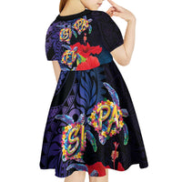 Pasifika Festival Kid Short Sleeve Dress Plumeria Turtles with Hibiscus - Polynesian Art Tattoo Dark Navy Color