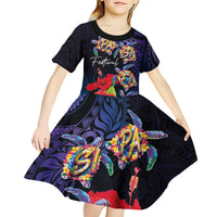 Pasifika Festival Kid Short Sleeve Dress Plumeria Turtles with Hibiscus - Polynesian Art Tattoo Dark Navy Color
