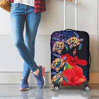 Pasifika Festival Luggage Cover Plumeria Turtles with Hibiscus - Polynesian Art Tattoo Dark Navy Color